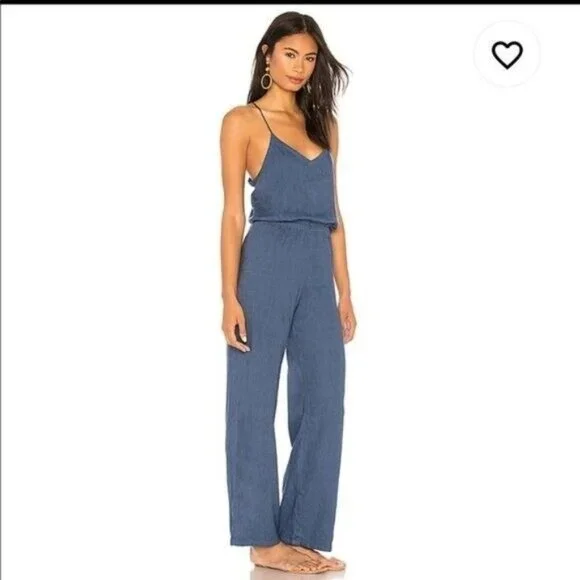 Monrow Size XS Sleeveless Jumpsuit Jean Blue Linen Blend Lightweight